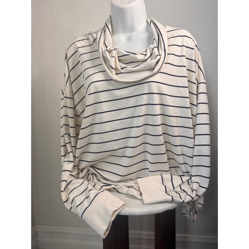 LL Bean Womens XL Petite Cream Navy Striped Cowl Neck Supima Cotton Modal Top